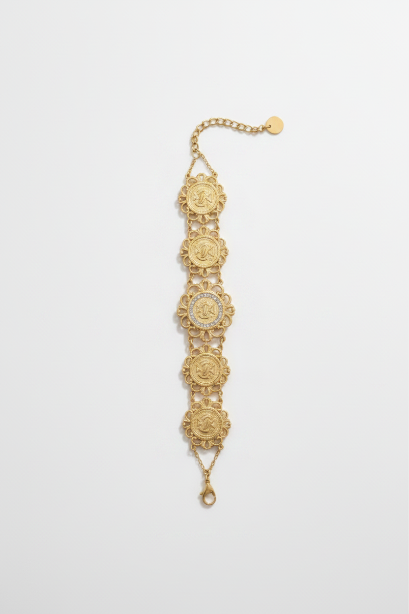 Roma – Bracelet Pièces de Monnaie Gravées Doré