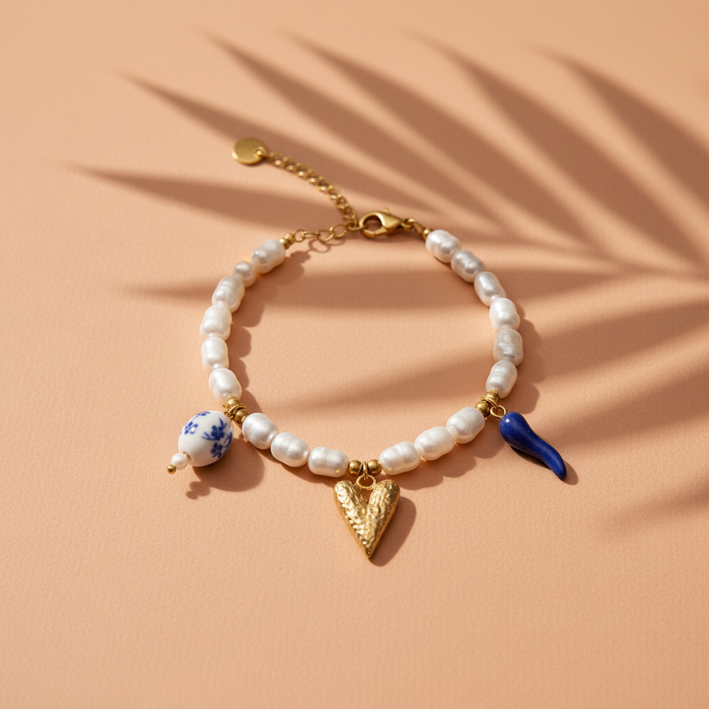 Valencia - Bracelet Perles & Charm Cœur Doré